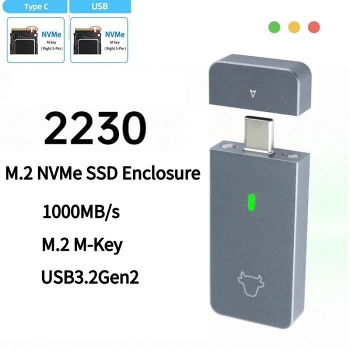ElecGear Mini Boîtier 2230 USB Type-C 3.2 Pour NVMe SSD - Aluminium 10Gbps, Ultra Compact 40x40mm