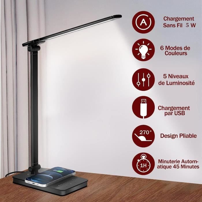Sin (Noir)Lampe de Bureau LED avec Chargeur Sans Fil et USB,Lampe de Bureau  Réglable Flexible Contrôle Tactile,Affichage LCD Avec Fonctions heure