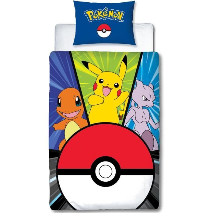 MODE EN WEB POKEMON - Housse De Couette Pokemon Pikachu Street 140x200 Cm + 1 Taie D'oreiller 63x63 Cm - Coton - Bleu