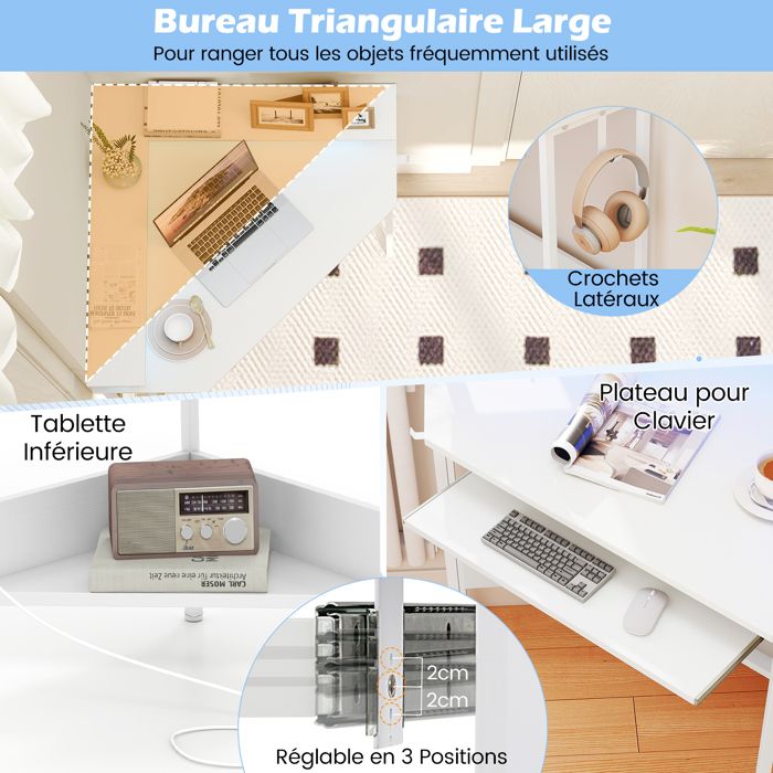 COSTWAY Bureau d'Ordinateur avec Multiprise avec Ports USB et Type-C, Plateau pour Clavier, Tiroir et Étagère Ajustable, Style Moderne pour Bureau à Domicile, Salle d'Étude, 105 x 55 x 89 cm, Blanc