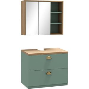 MEUBLE VASQUE - PLAN Ensemble 2 meubles salle de bain - meuble sous-vasque suspendu, armoire murale miroir - aspect bois clair vert