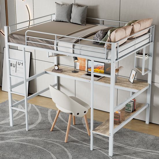 Lit Mezzanine 120x200 Cm Avec Bureau Et Rangements - Cadre Fer, Sommier Lattes, Échelle 4 Marches - Noir