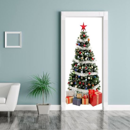 Autocollant Mural Porte Sapin De Noël Lumineux - 73x205 Cm, PVC, Effet 3D, Facile à Poser Et Retirer - 11