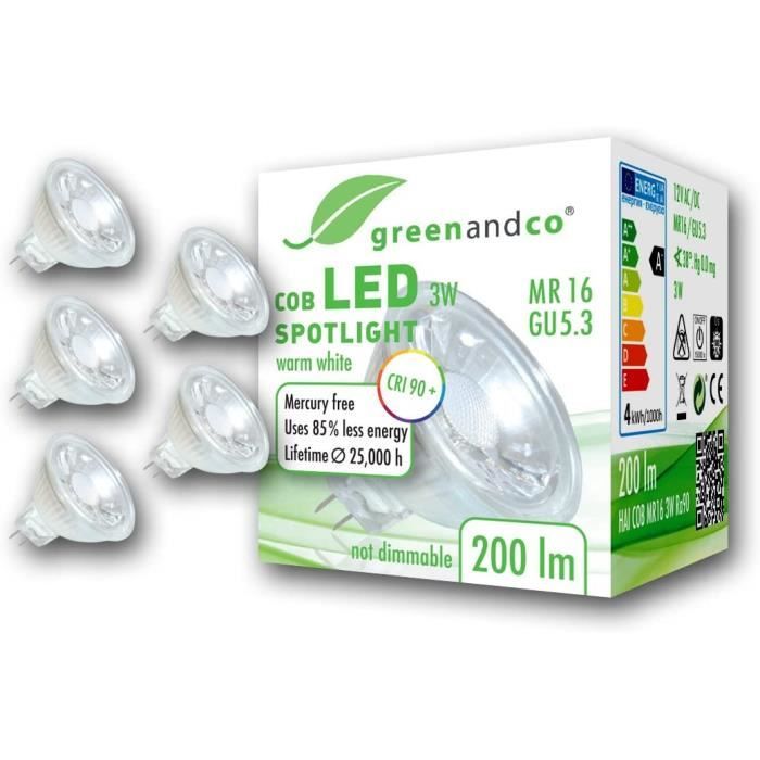 5x IRC 90+ Spot à LED MR16 GU5.3 3W équivalent 20W200lm 2700K blanc