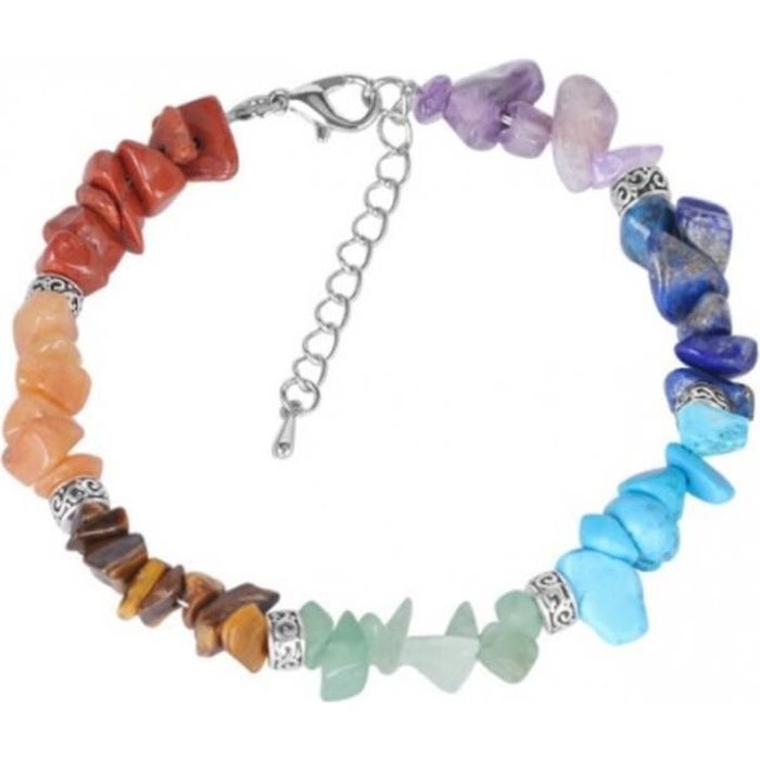 Bracelet Reiki des 7 chakras - Pierres fines et perles argentées Multicolore