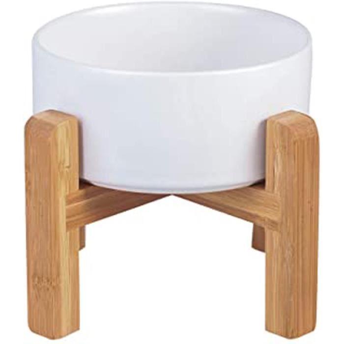 Blanc Hauteur Porte-gamelle Surélevée Pet Gamelles pour Chien et Chat Gamelles Chien Chat Céramique avec Bambou Support en Bois