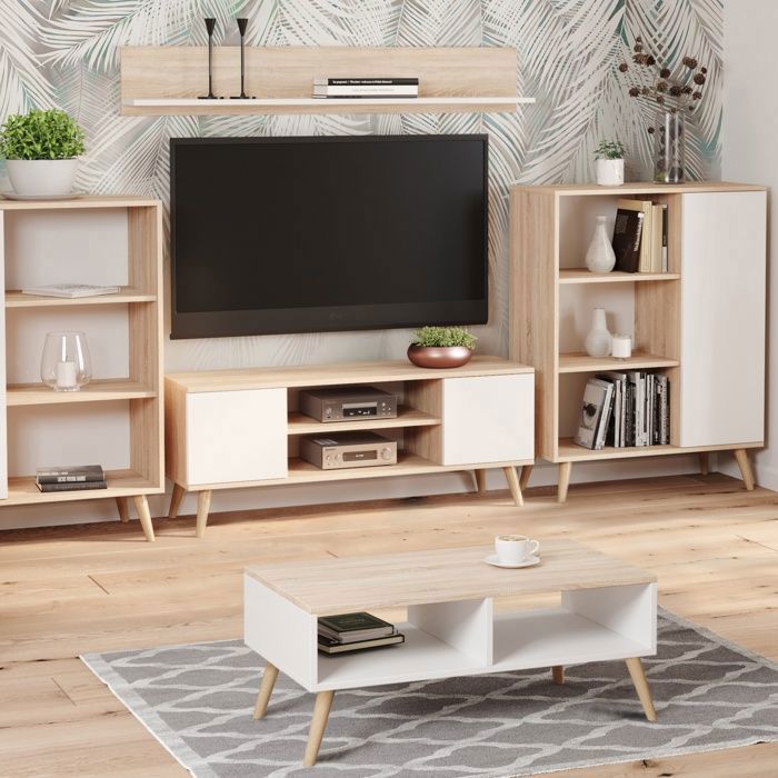 Meuble tv focus scandinave pieds en bois, chêne sonoma/blanc 155cm