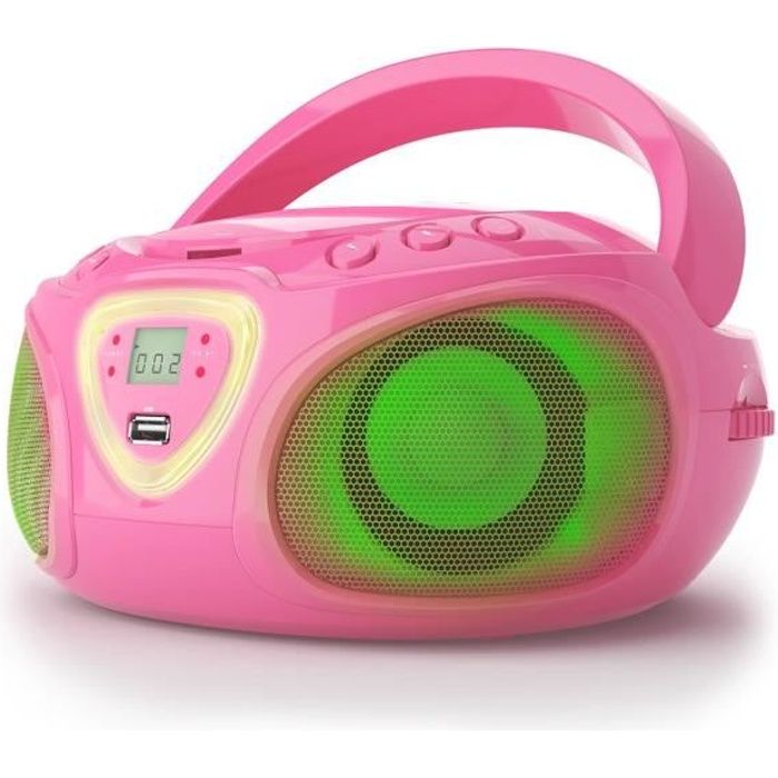 auna Roadie Boombox CD USB MP3 Radio AM-FM Bluetooth 2.1 Jeu de couleurs LED - rose