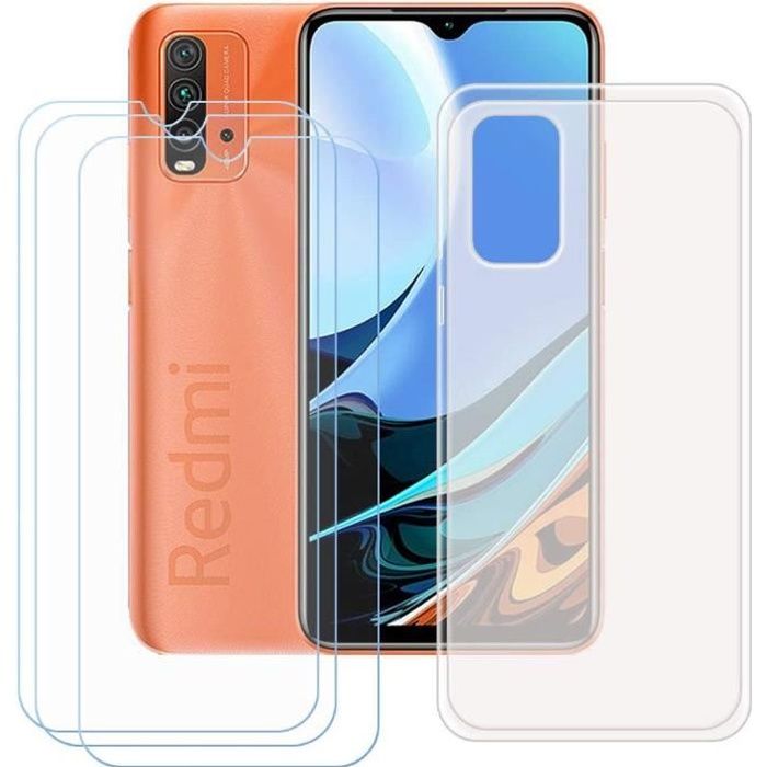 Coque Xiaomi Redmi 9T + 3 pièces Verre trempé Film Protection écran, Souple Semi-Transparent Silicone Housse Étui Protecteur TV