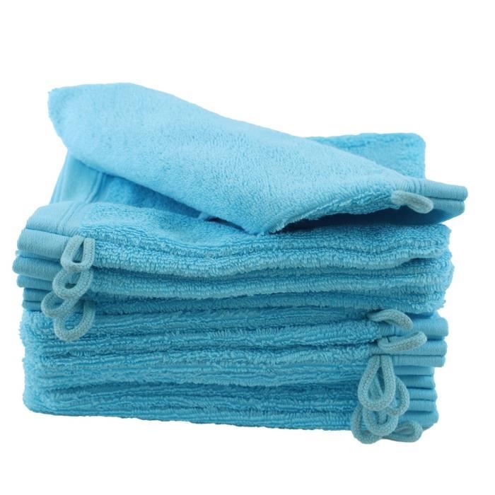 LINANDELLE - Lot de 12 gants de toilette coton bouclette unis FLEUR - Bleu turquoise