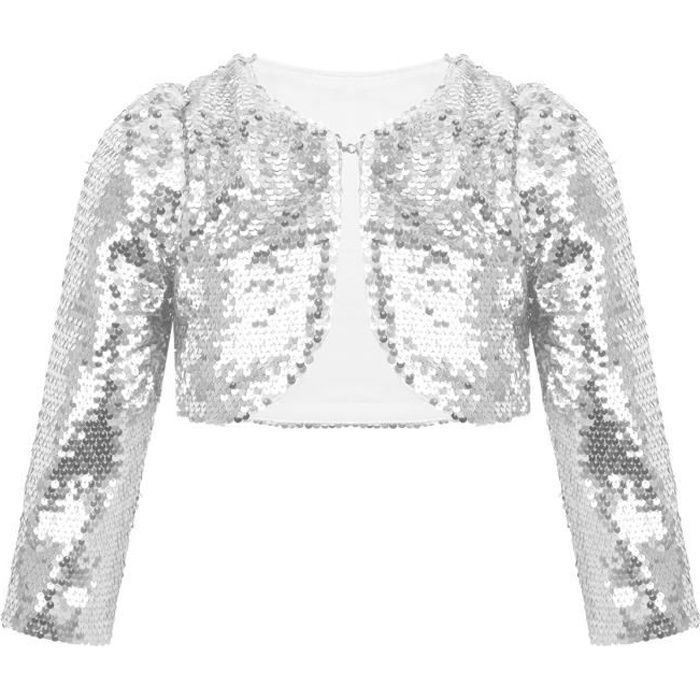 Boléro Paillettes Fille Enfant Boléro Sequin Manches Longues Hôte Modèle Châle Soirée Haut Danse Classique Crop Top 18 Mois-10 Ans