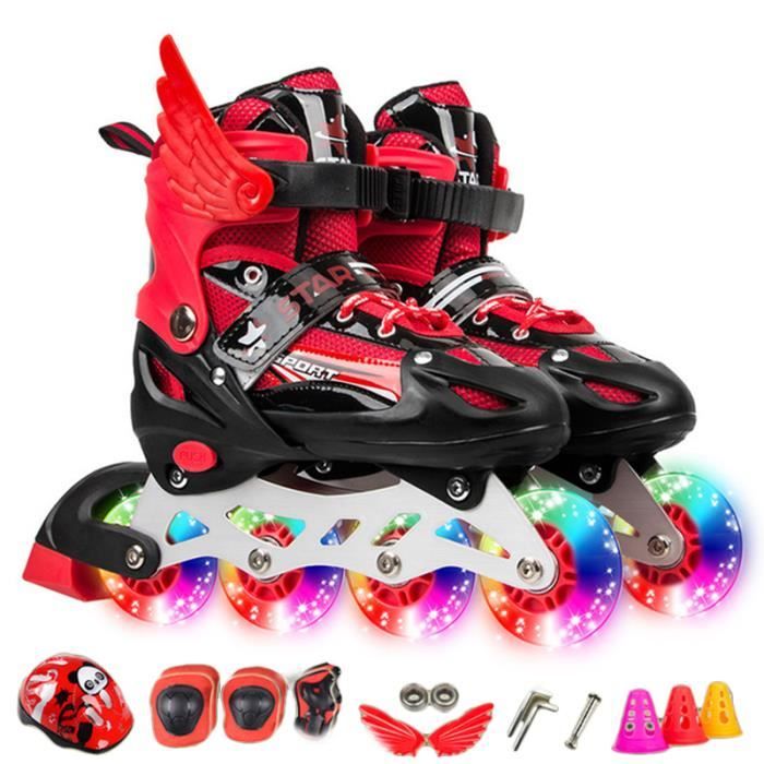 Roller In Line Roues LED Illuminées Pour Enfants, Patins à Roulettes Pour Filles Et Garçons - Rouge - Avec Cadeaux Casque Etc