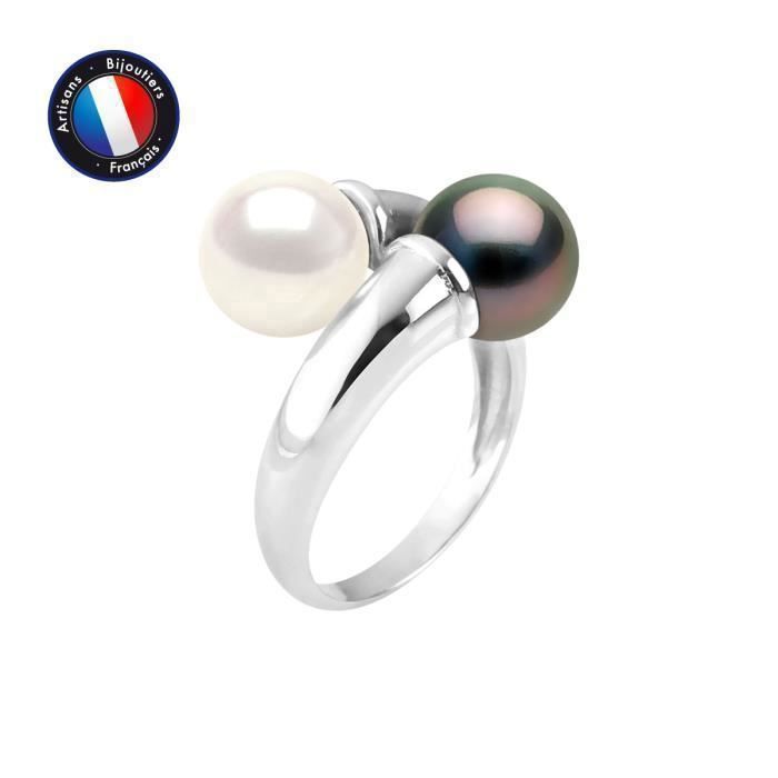 PERLINEA - Bague Toi & Moi Véritables Perles de Culture de Tahiti et d'Eau Douce Rondes 7-8 mm - Argent 925 Millièmes - Bijou Femme