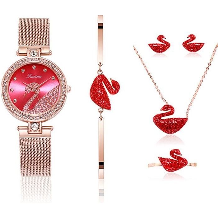 SHARPHY Coffret Montre Femme + Bracelet + Collier + Anneau + Boucles d'oreilles - Bijoux Cygne Quartz etanche Accessoires Rouge