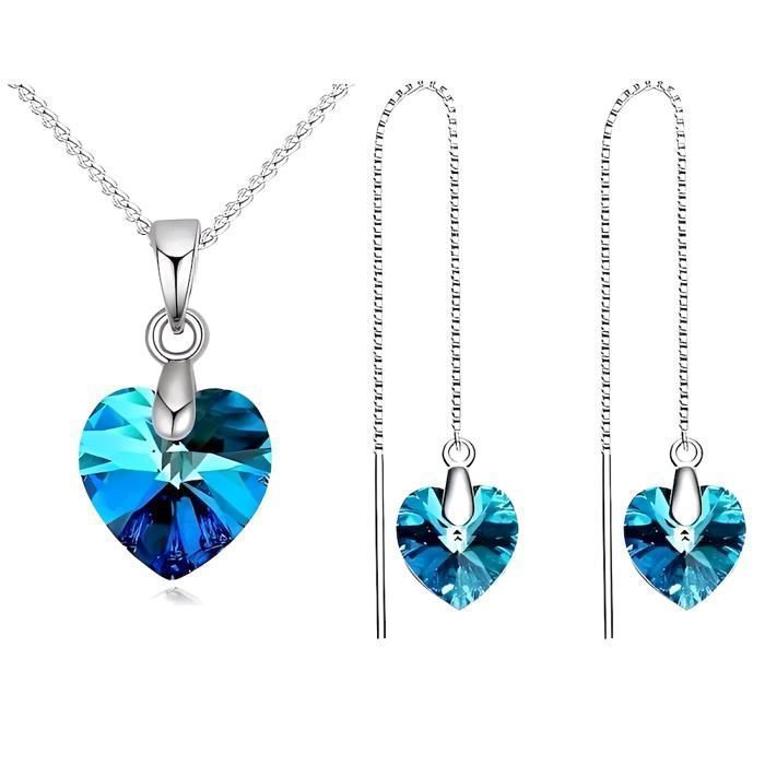 Parure Bijoux Coeur Cristal Swarovski Elements Bleu Argent Fin Rhodié
