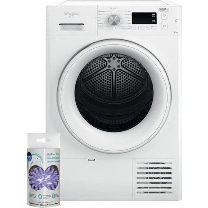 WHIRLPOOL Sèche-linge frontal condensation 8kg Electronique Tambour 120L 6eme Sens 64 Blanc