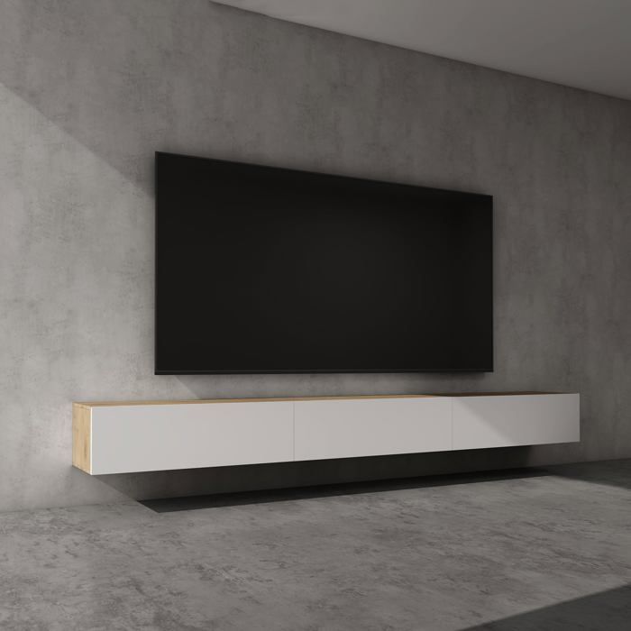 doporro Meuble TV Bas 300 cm Armoire TV Marron Clair + Blanc Mat Table de Télévision Salon avec Portes Meuble TV Suspendu MBTV02