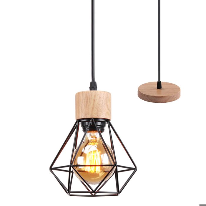 WOTTES 1PCS Lampe à Suspension Rétro en Métal et bois E27 Ø15.5cm Noir Cage Lustre Industrielle Luminaire Créatif pour Cuisine