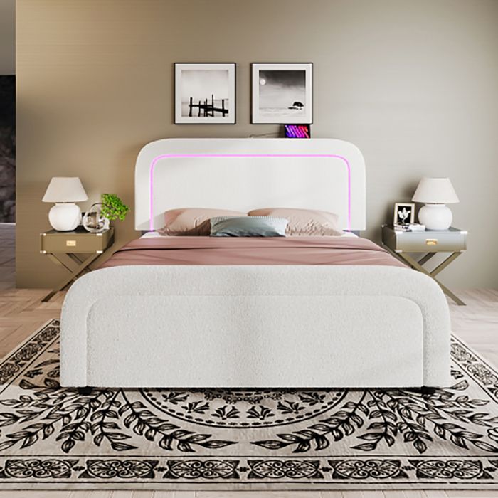 Lit adulte 140x200 cm Lit avec USB Type C éclairage LED tête de lit réglable en hauteur blanc