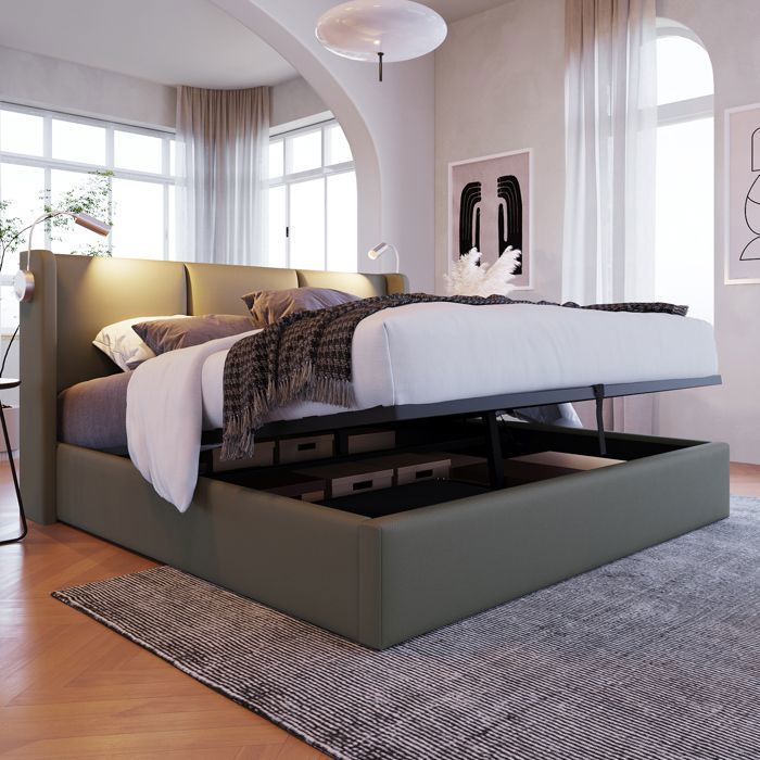 Lit coffre - PUGSDRLY - 140x200 cm - Capitonné PU - Espace de rangement - Liseuse USB