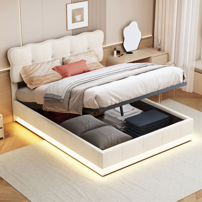 Lit coffre rembourré 140x200 cm lit queen avec LED et tête romantique sommier à lattes tissu en velours beige