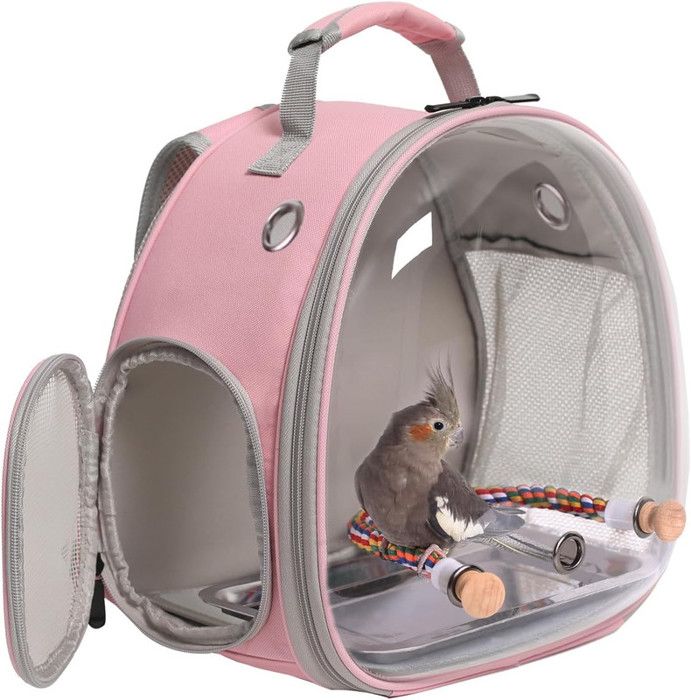 Meilleurs prix pour Sac à dos de transport pour oiseaux, sac à dos de voyage avec plateau en acier inoxydable, perchoir en bois (Rose)