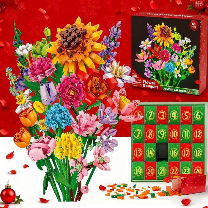 Calendrier de lAvent 2025 Blocs Bouquet Calendrier Compte à Rebours de 24 Jours avec Blocs de Construction de Bouquet de Fleurs
