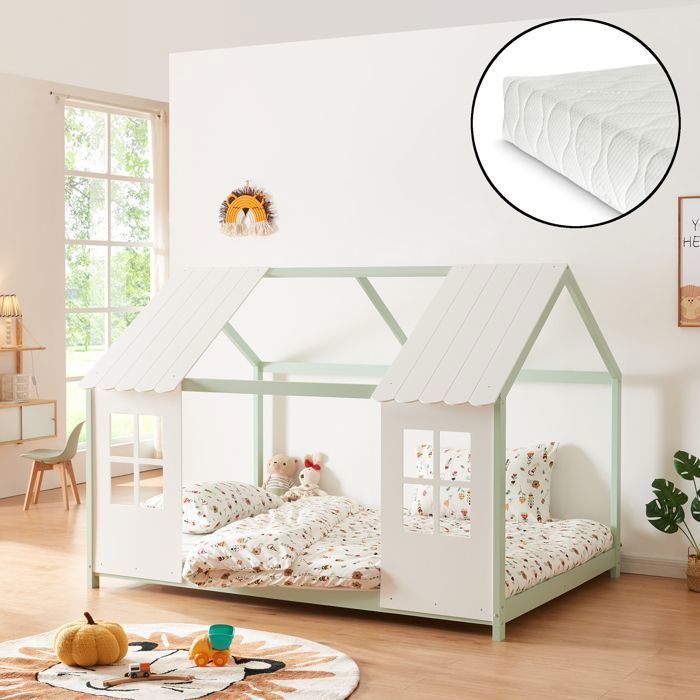 Lit cabane Tostedt pour enfant 140 x 200 cm avec matelas sommier à lattes bois de pin vert menthe blanc [en.casa]