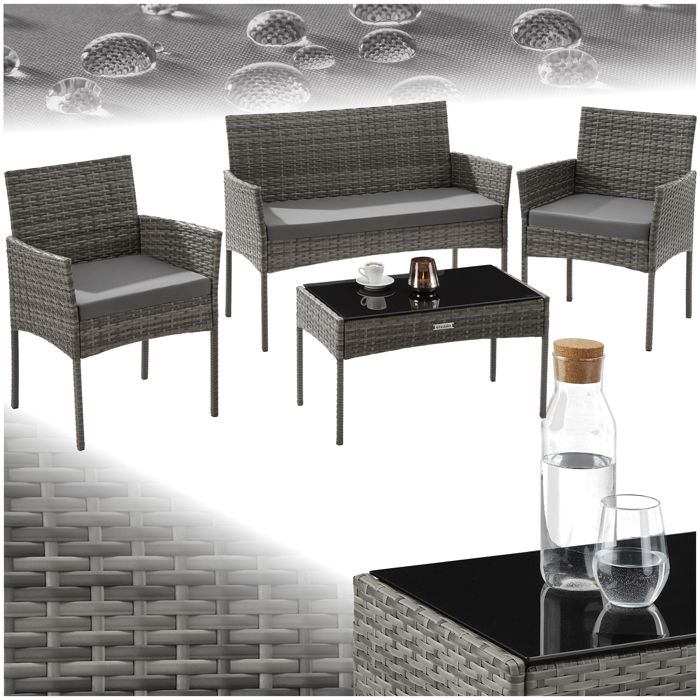 Salon de jardin - TECTAKE - Ensemble détente dextérieur PALESE 4 places en résine tressée 2 fauteuils et 1 canapé et table - Gris