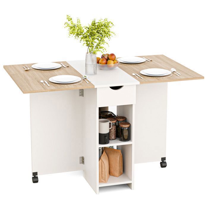 Mondeer Table à Manger Pliable Table pliante avec 1 Tiroir et 2 EtagèresTable de Cuisine Pour Petit Espace Chêne Coupé et Blanc