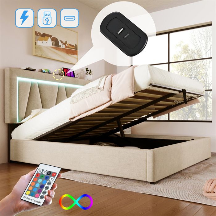 Lit rembourré - 140x200cm - LED intégrée - USB Type-C & USB - Sommier coffre à lattes