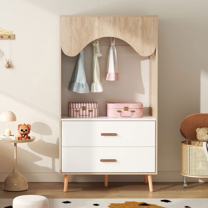 Armoire pour enfants Armoire avec baguette avec tiroirs Armoire ouverte poignées en bois complet en plaque Spannée bois blanc+