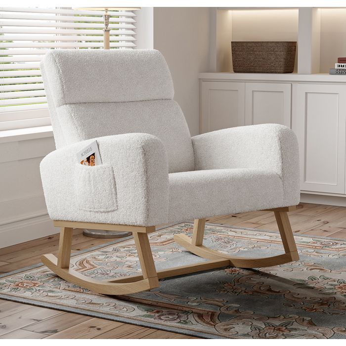 Fauteuil à Bascule - LUMINARIX - Rocking Chair - Bois Massif - Velours Teddy - Blanc
