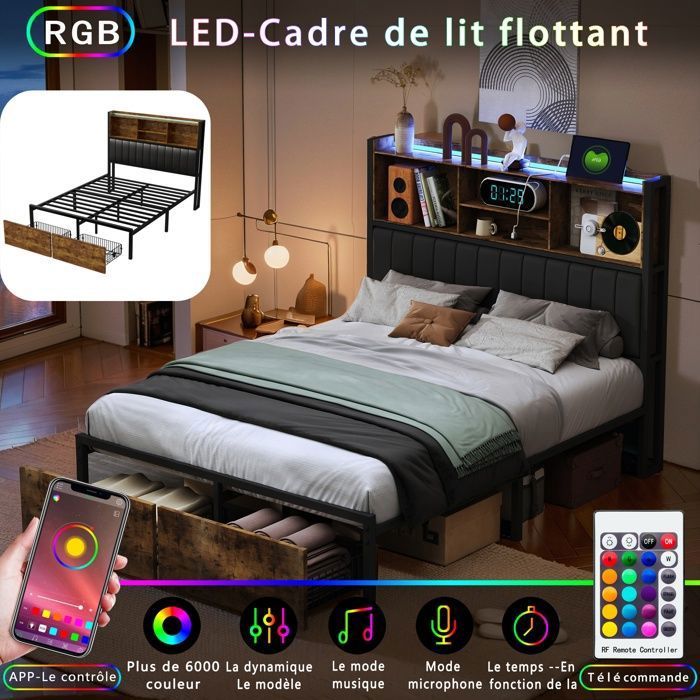 Lit Coffre 160x200 Lit Double avec LED et USB 2