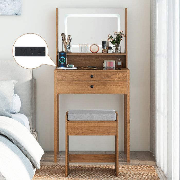 Meuble Coiffeuse avec haut-parleur Bluetooth et station de charge sans fil, Table de Maquillage avec miroir de maquillage à LED,5 tiroirs en bois massif et tabouret de maquillage ( Color