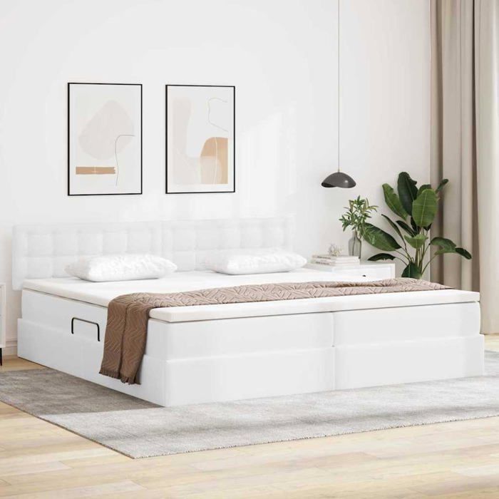 Lit de rangement moderne - vidaXL - 200x200 cm - Blanc pur - Cuir synthétique - Mécanisme de levage hydraulique
