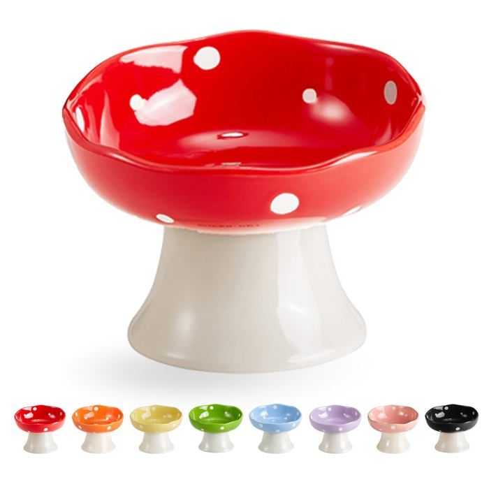 Gamelle surélevée en céramique en forme de champignon pour chat gamelle surélevée inclinée pour animaux de compagnie (rouge)