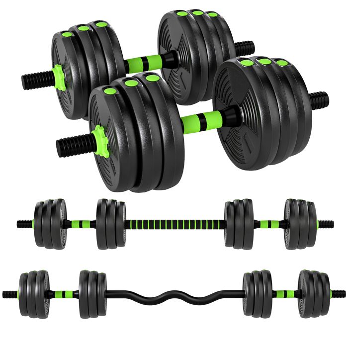 Kit haltères musculation - SPORTNOW - 20 kg - 3 en 1 - poids réglable - avec barre dextension poignée antidérapante - vert et noir