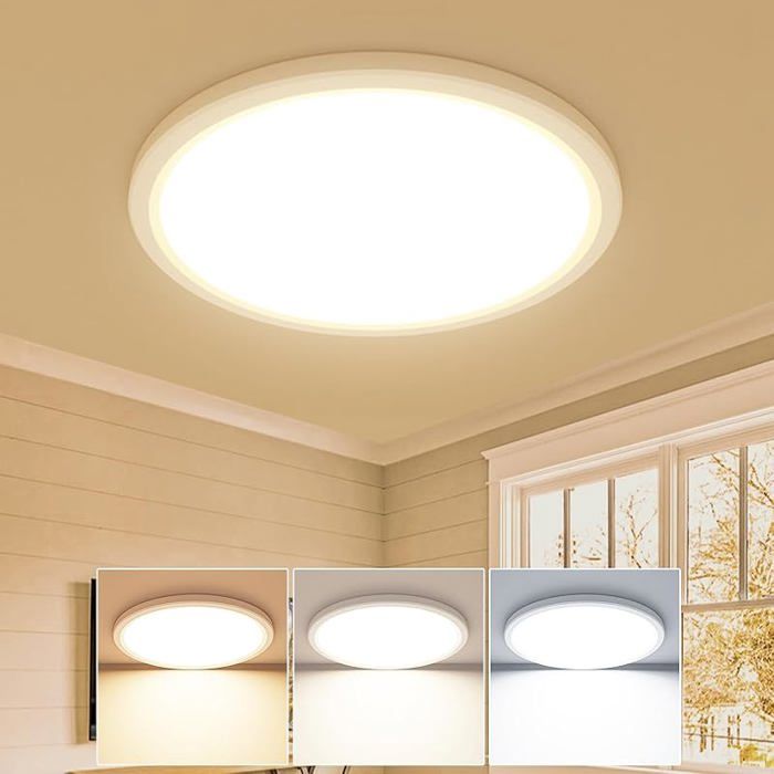 Slochi Plafonnier LED 18W - 3000K 4000K 6500K Lampe Plafond Blanc 2100LM IP44 Étanche pour Salle de Bain Blanc 22CM PAQU PROJECTEUR