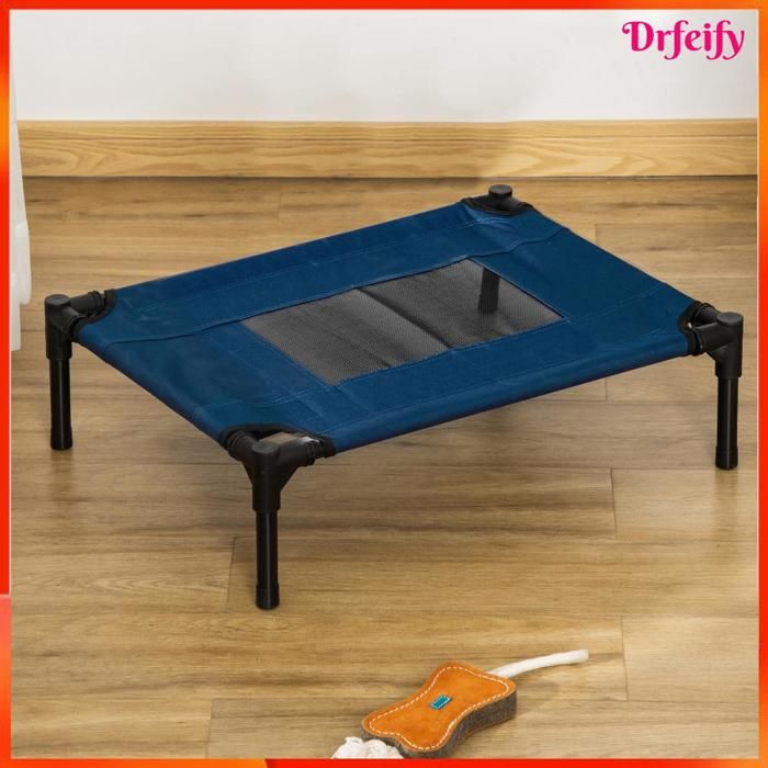 Lit surélevé pour chien - AKOZON - 8331 - Textilène micro-perforé - Tissu Oxford 600D - 61x46x18 cm - Bleu/Noir