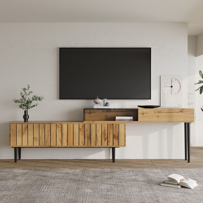 VLIVRA Meuble tv bois foncé avec motif marbre et bord en pvc pieds en fer galvanisé style moderne pour salon - naturel et noir