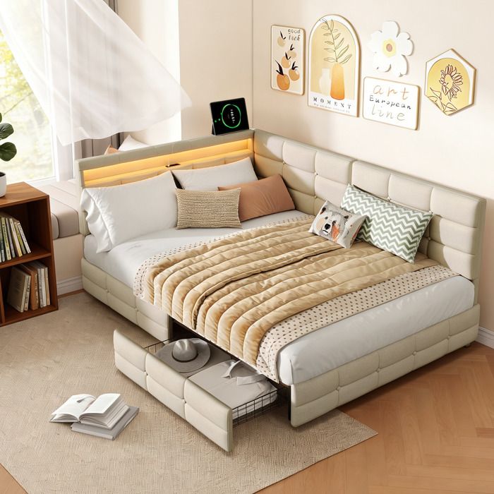 Lit Gigogne 140x190 avec 2 Tiroir - Tête de Lit LED 16 Couleurs - 2Prise et Ports USB/Type-C - Adulte/Enfant - 2 Places - Lin- Beige