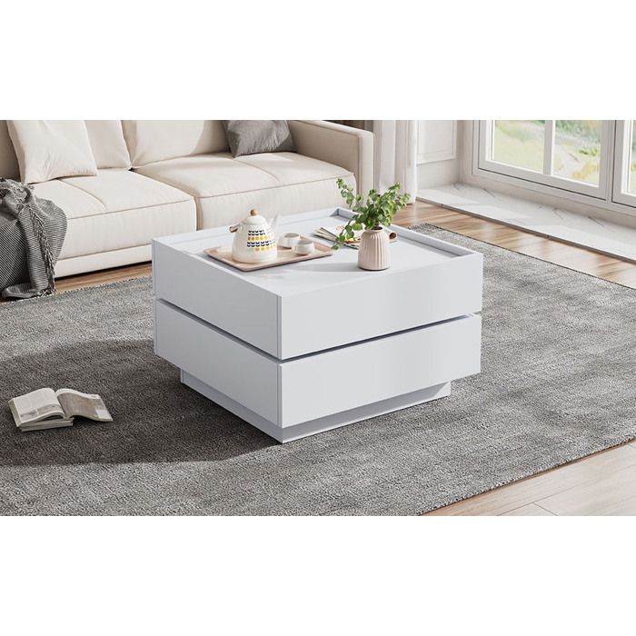 Table basse blanche L 60 x P 60 x H 38 cm plateau rotatif 360° panneau de particules 2 tiroirs