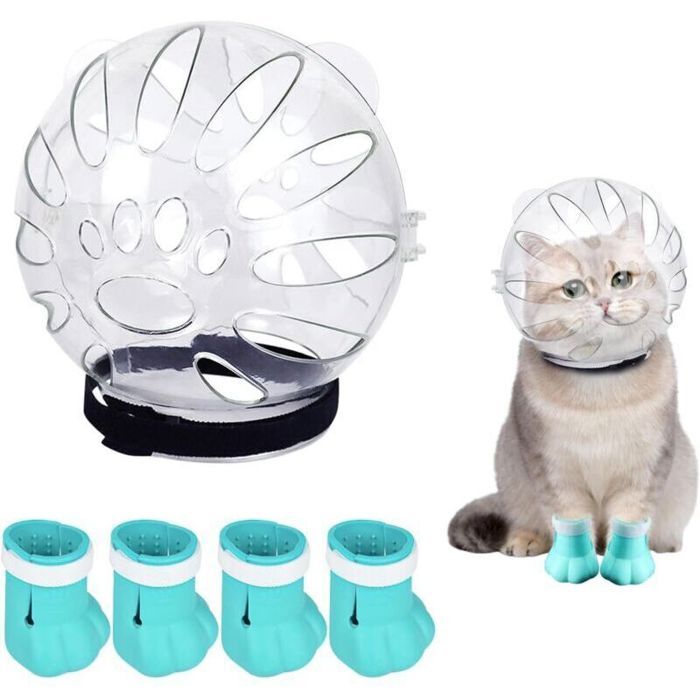 Kit de confort premium pour chat - La muselière et les protège-pattes respirants et réglables permettent à votre chat de profiter