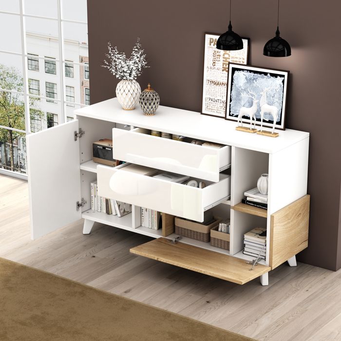 Buffet Bas avec 2 Tiroirs et 2 Portes Meuble de Rangement Rétro Blanc et Chêne Clair 130x40x70 cm