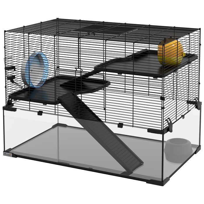 LIA Cage hamster cage rongeur 3 niveaux avec roue rampes maisonnette abreuvoir mangeoire 765L x 485l x 545H cm noir