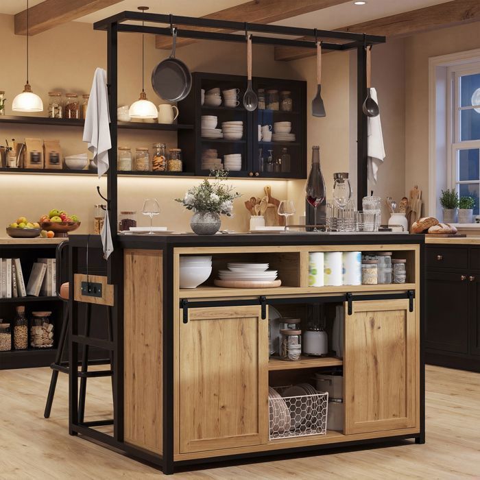 Îlot central de cuisine 107x62x183 cm avec Plan de Travail 2 Prises USB Portes Coulissantes et Étagère Haute - Bois et Noir