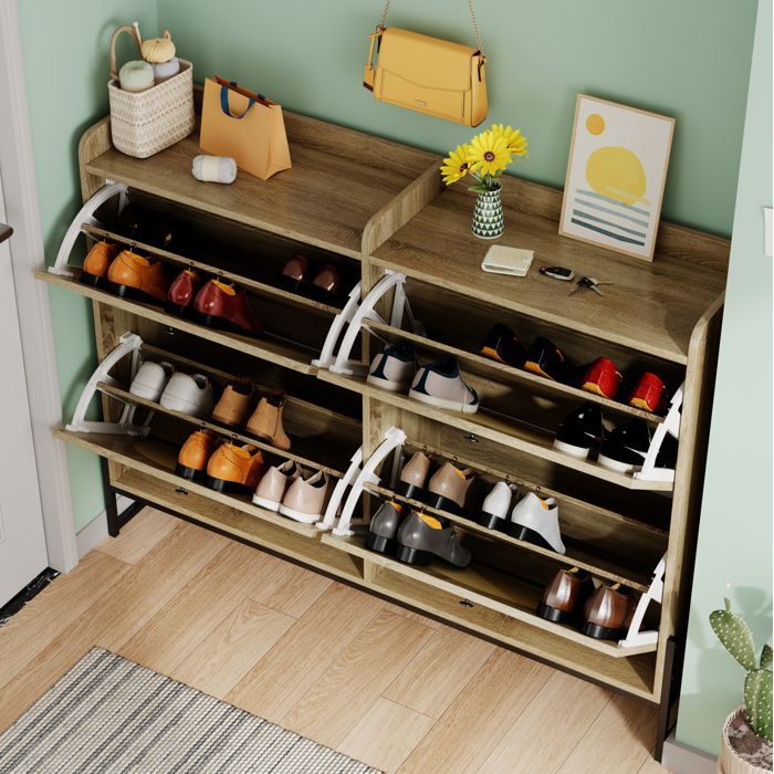 Meuble à Chaussures 4 Clapets avec Étagère Réglable et Dos Ventilé - LPOSPI - PE Rotin Panneaux de Particules Naturel