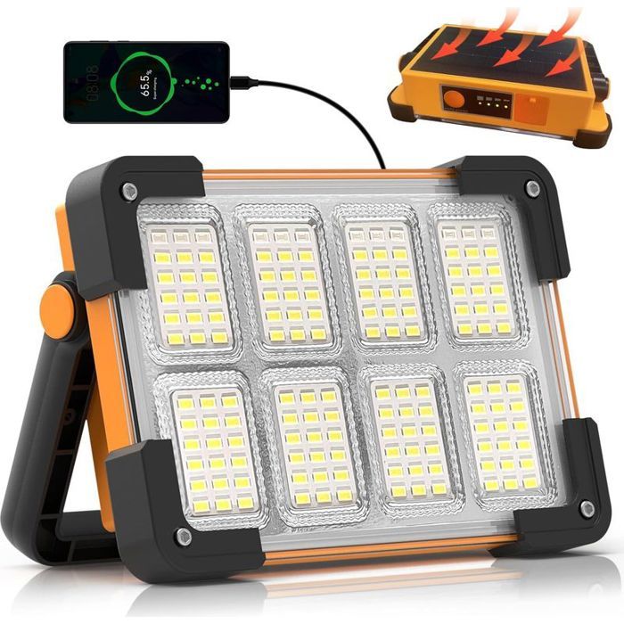 Projecteur LED rechargeable - Panneau solaire et batterie 4 modes déclairage - Camping et chantier - 30W 5400mAh