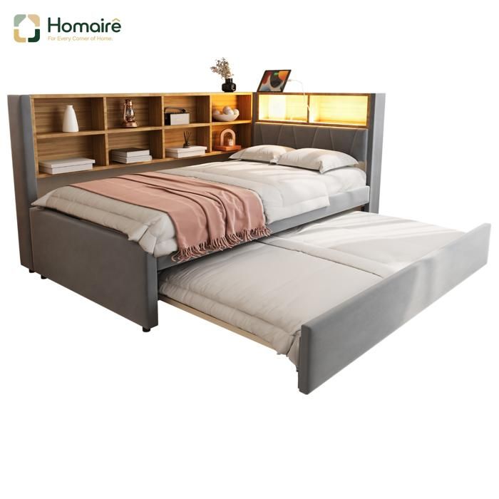 Canapé-lit avec chargeur USB Type-C lumières LED rangement et tapisserie en flanelle HOMAIRE
